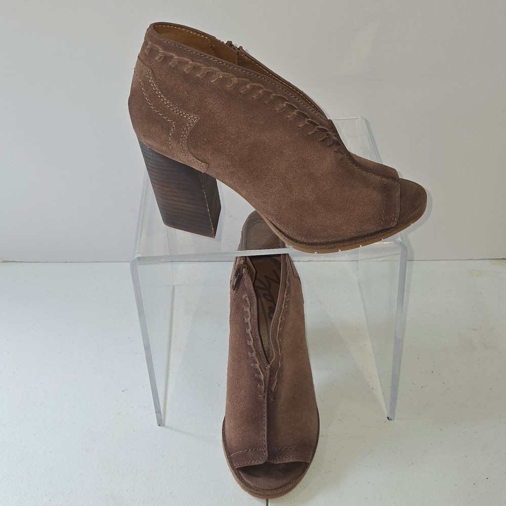 Zodiac Mia Brown Suede Leather Peep Toe Ankle Boots Braided Detail Size 6.5M